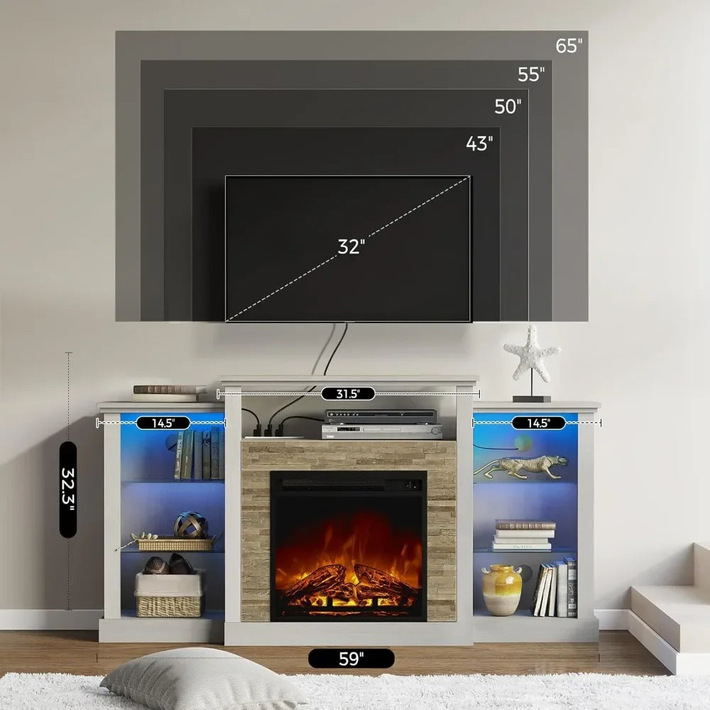 Fireplace TV Stand with LED Lights and Power Outlets, TV Console for 32" 43" 50" 55" 65", Entertainment Center with Ad
