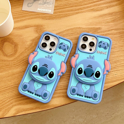Funny Cartoon Stitch With Mirror Holder Soft Silicone Cover Case For iPhone 16 15 14 13 12 11 Pro Max