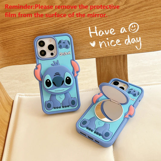 Funny Cartoon Stitch With Mirror Holder Soft Silicone Cover Case For iPhone 16 15 14 13 12 11 Pro Max