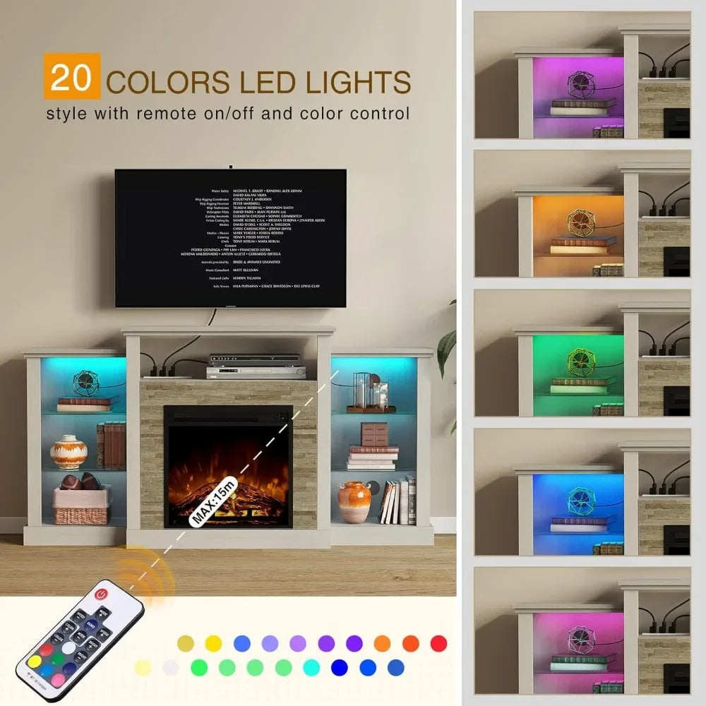 Fireplace TV Stand with LED Lights and Power Outlets, TV Console for 32" 43" 50" 55" 65", Entertainment Center with Ad