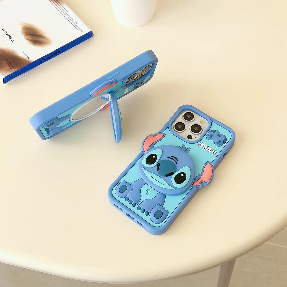 Funny Cartoon Stitch With Mirror Holder Soft Silicone Cover Case For iPhone 16 15 14 13 12 11 Pro Max
