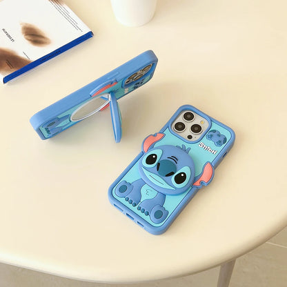 Funny Cartoon Stitch With Mirror Holder Soft Silicone Cover Case For iPhone 16 15 14 13 12 11 Pro Max