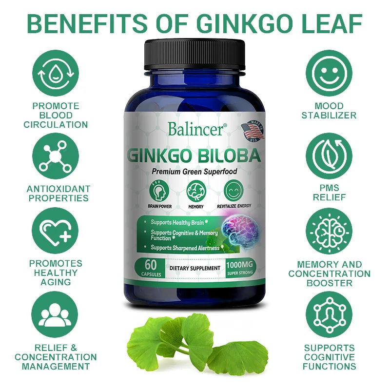 Balincer Memory and Concentration Supplement 1000mg - For Clear Thinking, Cognition - With Ginkgo Biloba Extract Capsules