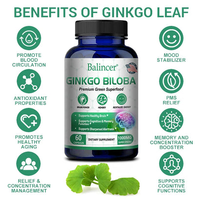 Balincer Memory and Concentration Supplement 1000mg - For Clear Thinking, Cognition - With Ginkgo Biloba Extract Capsules