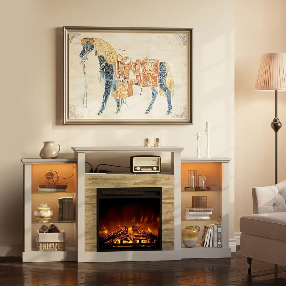 Fireplace TV Stand with LED Lights and Power Outlets, TV Console for 32" 43" 50" 55" 65", Entertainment Center with Ad