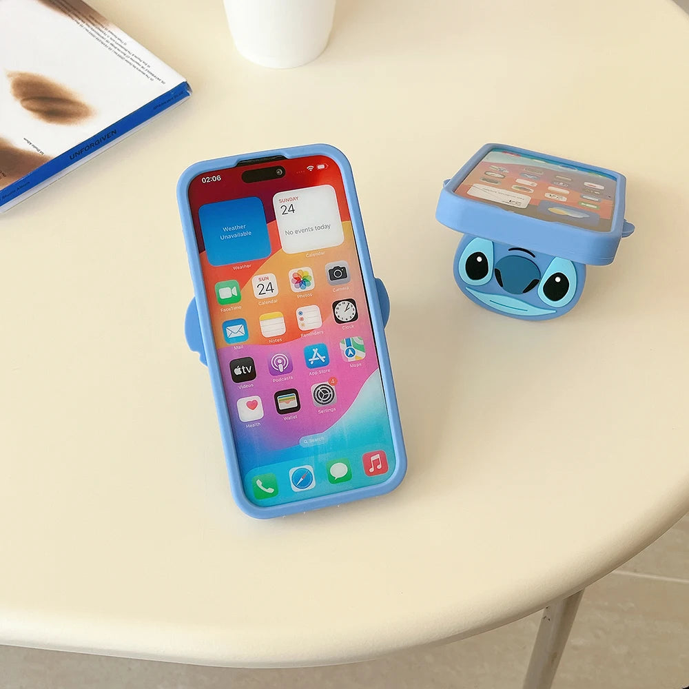 Funny Cartoon Stitch With Mirror Holder Soft Silicone Cover Case For iPhone 16 15 14 13 12 11 Pro Max