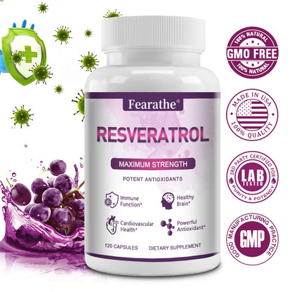 Fearathe Resveratrol Capsules - Supports Brain and Immune Function, Heart Health, Brain Health, Anti-Aging, Antioxidant