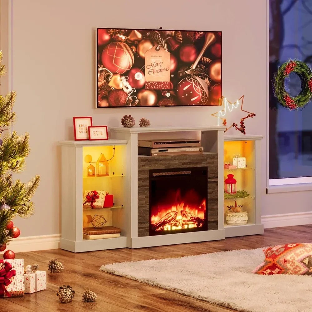 Fireplace TV Stand with LED Lights and Power Outlets, TV Console for 32" 43" 50" 55" 65", Entertainment Center with Ad