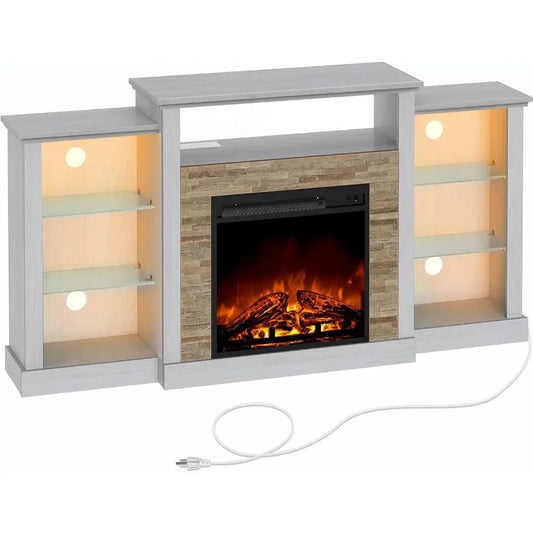 Fireplace TV Stand with LED Lights and Power Outlets, TV Console for 32" 43" 50" 55" 65", Entertainment Center with Ad