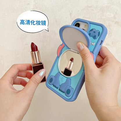 Funny Cartoon Stitch With Mirror Holder Soft Silicone Cover Case For iPhone 16 15 14 13 12 11 Pro Max
