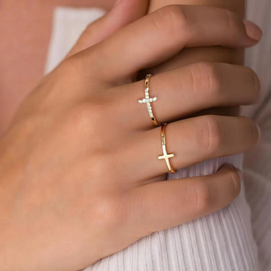 Cross diamond ring 2pcs s exquisite luxury women gold color Crystal zircon