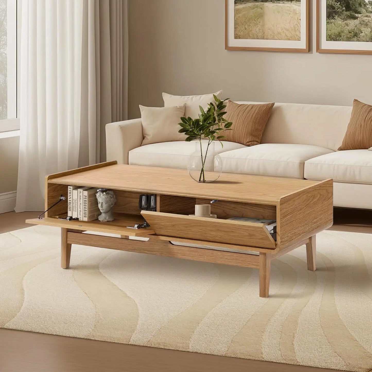 Coffee Table with Storage, 47" Mid Century Modern Coffee Table, Live Edge Coffee Tables for Living Room,Wooden Center Table with