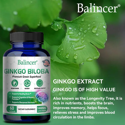 Balincer Memory and Concentration Supplement 1000mg - For Clear Thinking, Cognition - With Ginkgo Biloba Extract Capsules