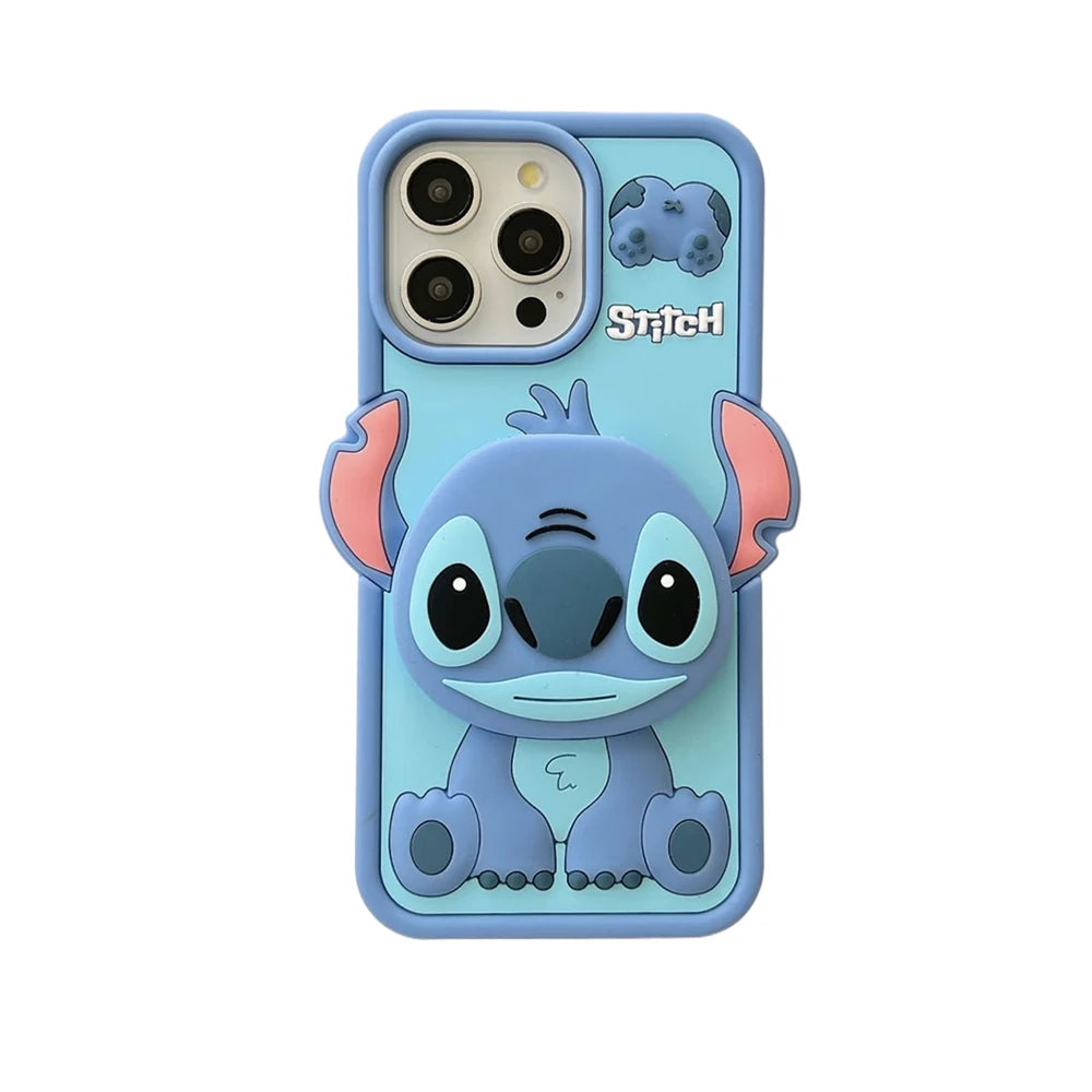 Funny Cartoon Stitch With Mirror Holder Soft Silicone Cover Case For iPhone 16 15 14 13 12 11 Pro Max