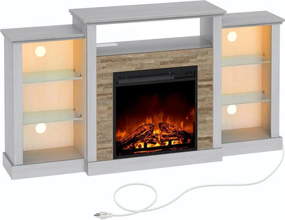Fireplace TV Stand with LED Lights and Power Outlets, TV Console for 32" 43" 50" 55" 65", Entertainment Center with Ad