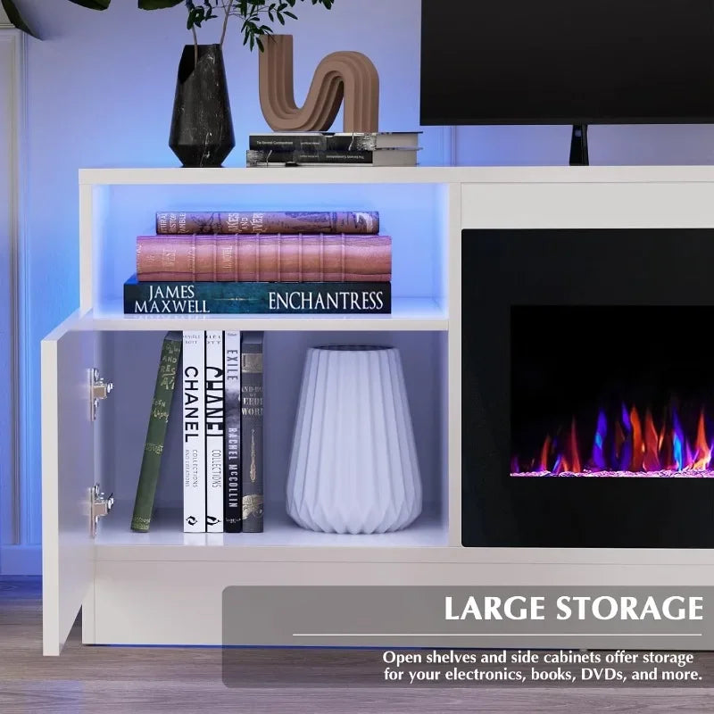 Fireplace tv Stand with 36 inch Fireplace Up to 80" TVs,LED Light Entertainment Center and Storage